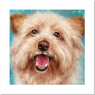 Painting of a Happy Yorkshire Terrier with Its Tongue Out on a Blue Background Posters and Art